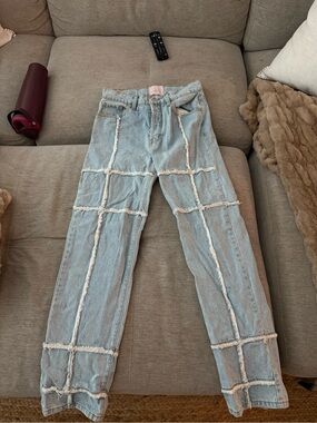 Revice Denim Light Wash Frayed Grid-Detail Women's Jeans